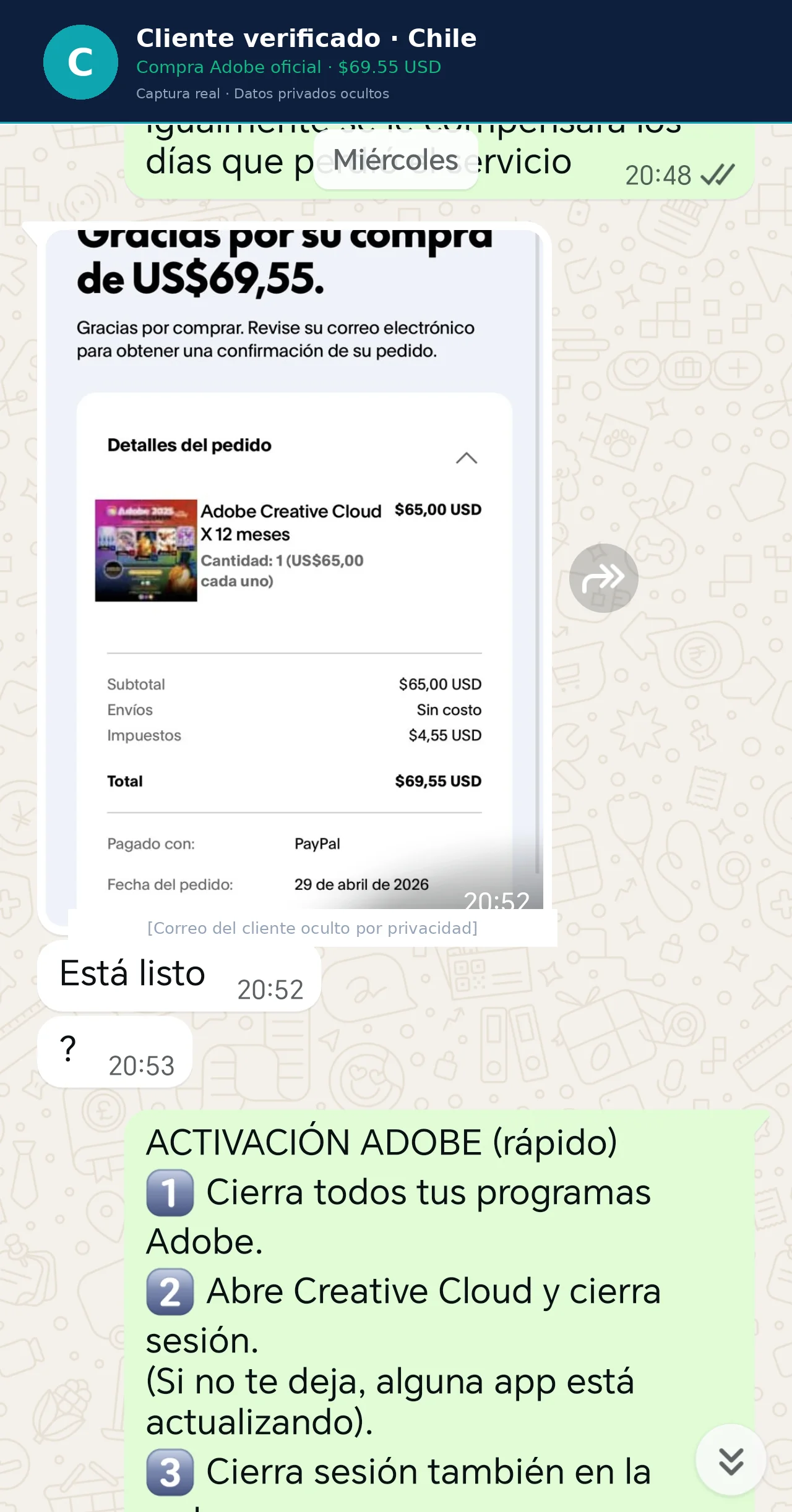 Captura WhatsApp con boleta Adobe oficial $69.55 USD